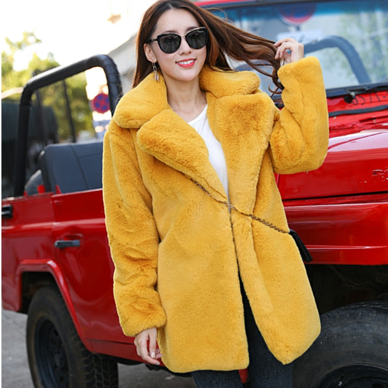 Winter Women High Quality Faux Rabbit Fur Coat Luxury Fur Coat Loose Lapel Over Coat