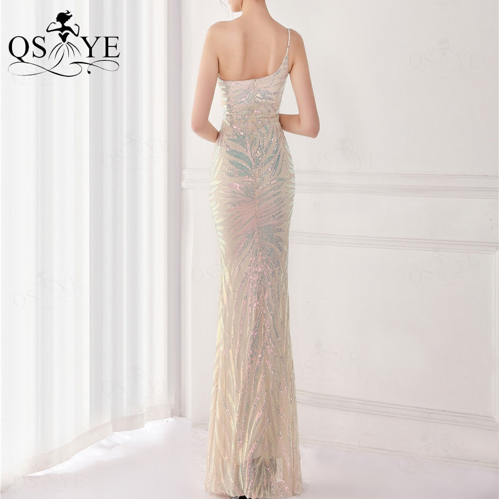 Shiny Sequin Light Champagne Prom Dresses Mermaid One Shoulder Evening