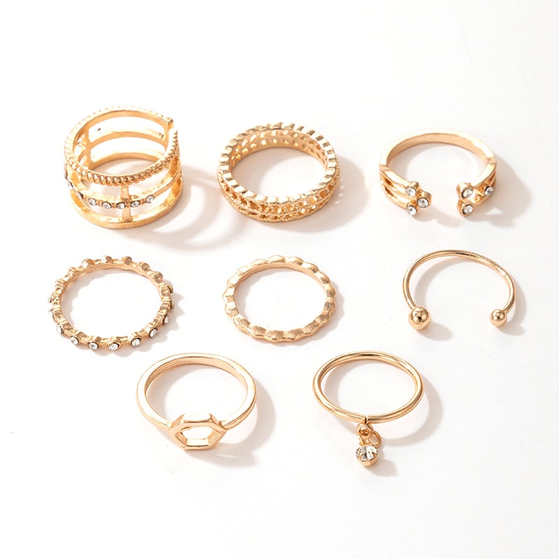 Tocona 8pcs/sets Hollow Out Rings for Women Men Charms Clear Crystal