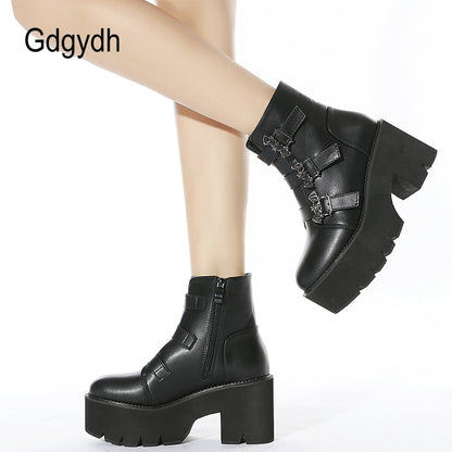 Gdgydh Metal Decoration Bat Demonia Boots Women Platform Heels Black Gothic