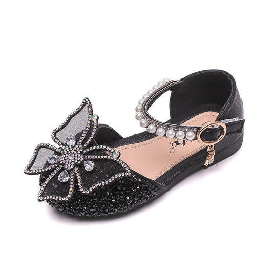 Girls Sequin Lace Bow Kids Shoes Girls Cute Pearl Princess Dance Single Casual