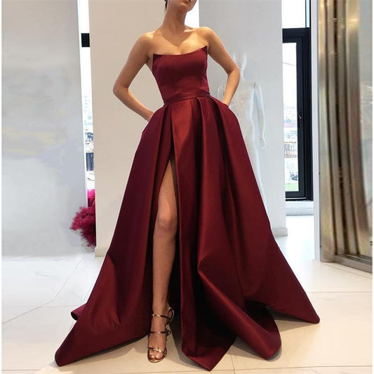Evening wear Dresses: Strapless Corset High Split Simple Party Dresses Long Formal