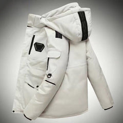 Men's White Down Jacket Cargo Warm Hooded Thick Puffer Jacket Coat