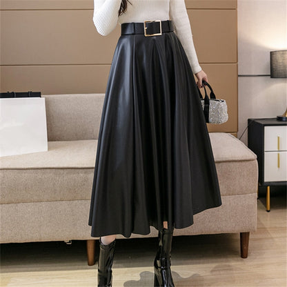 REALEFT Autumn Winter PU Leather mi-long Women Skirts