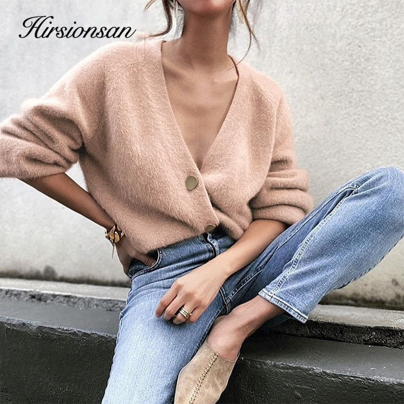 Elegant Long Sleeve Mohair Sweater Women Single-Breasted Female Short Cardigan