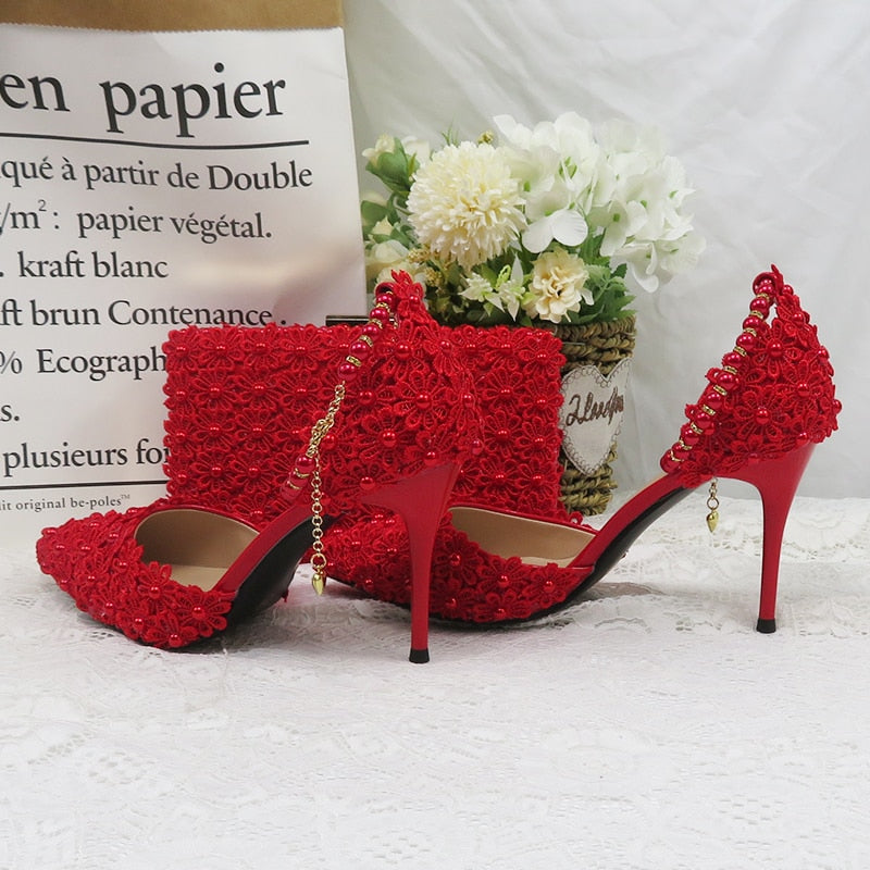 Flower Wedding Shoes With Matching Bags High Heels Pointed Toe Ankle Strap