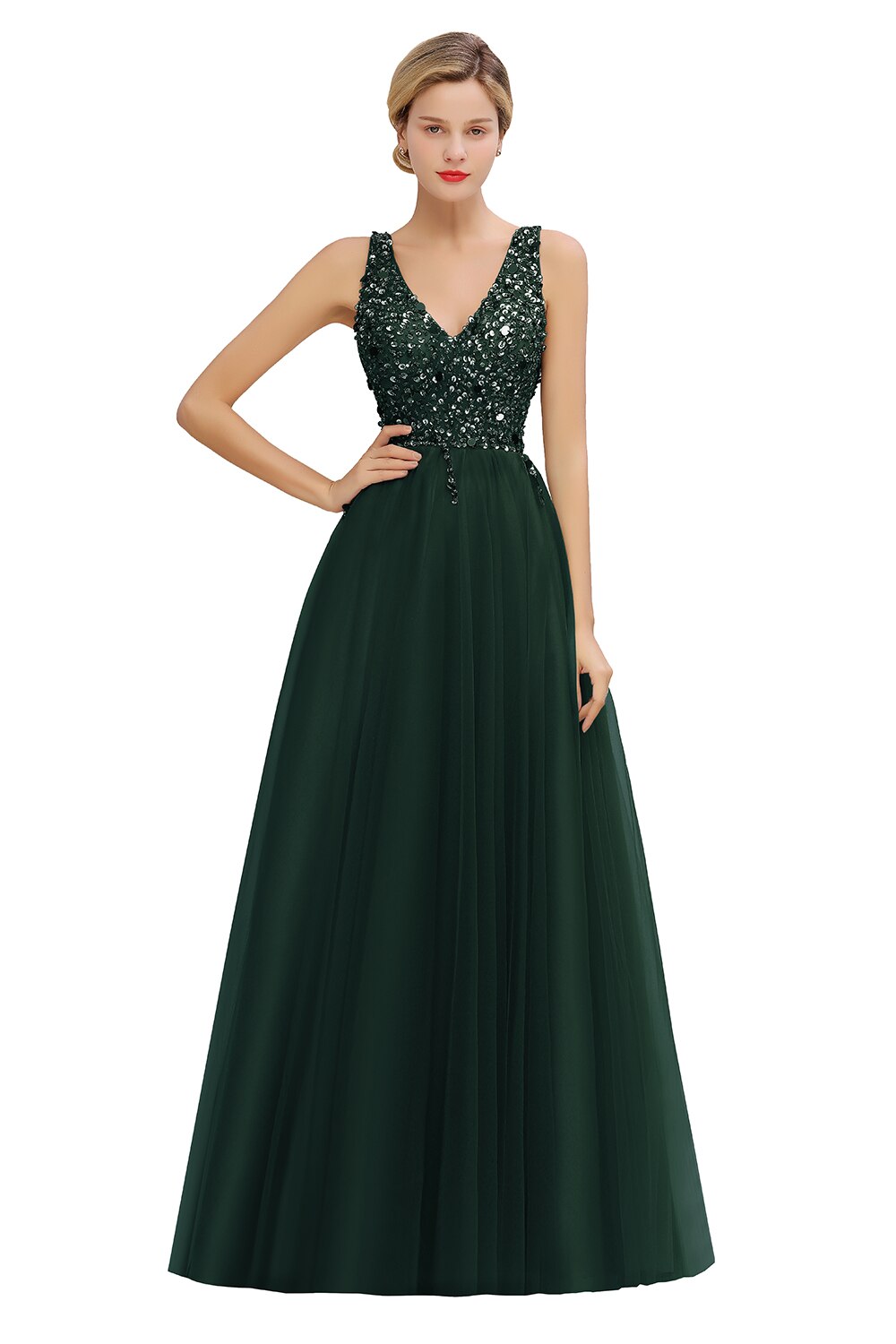 Homecoming Dresses: V-neck Prom Dresses Long Backless Sequins Prom