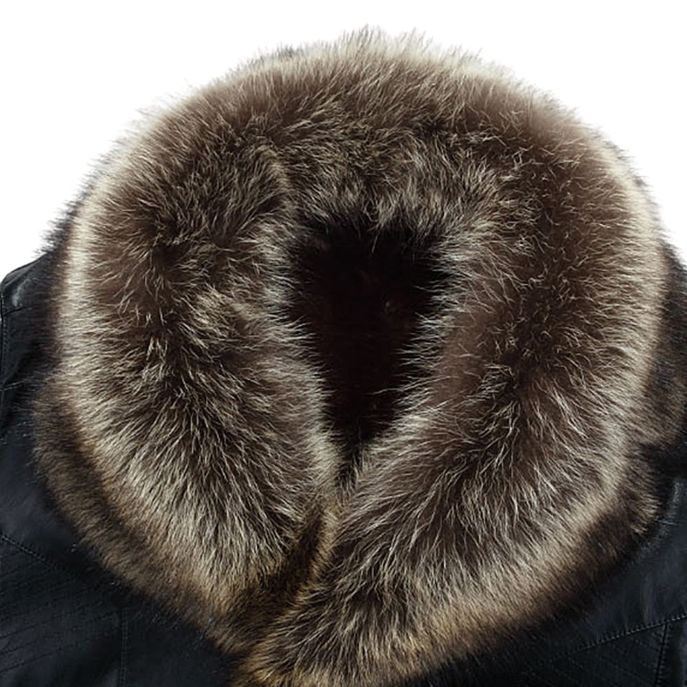 Holyrising Real Raccoon Fur Collar Men Faux Leather Jackets Winter
