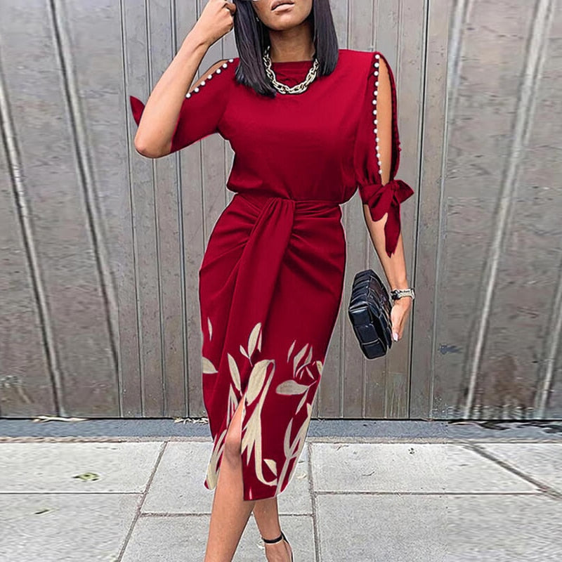 Women Hollow Out Short Sleeve Party Dress Women Elegant O Neck Folds
