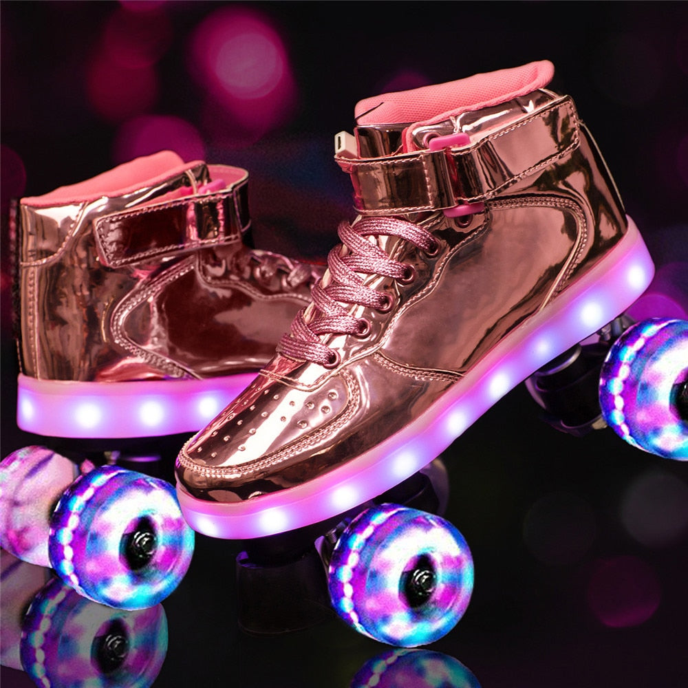 Led Rechargeable 7 Colorful Flash Shoes Double Row 4 Wheel Roller