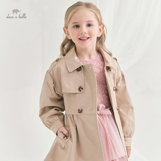 spring kids girls fashion solid  button pockets hooded coat
