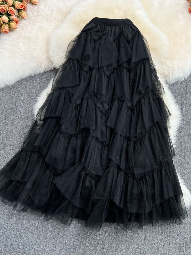 Tutu Tulle Long Skirts Womens Spring Korean Solid A Line High Waist