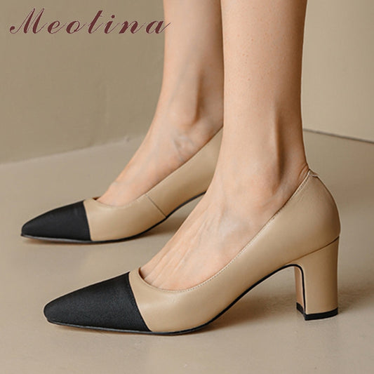 Women Genuine Leather Thick Heels Pumps Square Toe High Heel 6cm