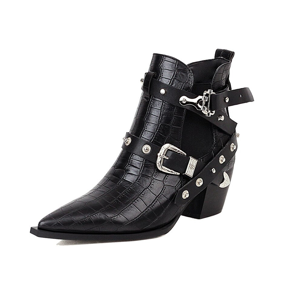 Motorcycle Western Cowboy Boots Women Snake PU Leather Short Cossacks