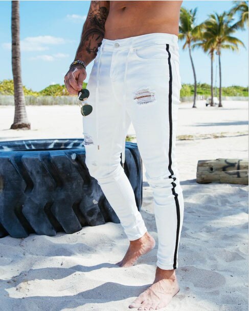 Skinny Jeans Men Hip Hop Stripe Elastic Slim Fit Denim Pants Male Stretchy Pencil