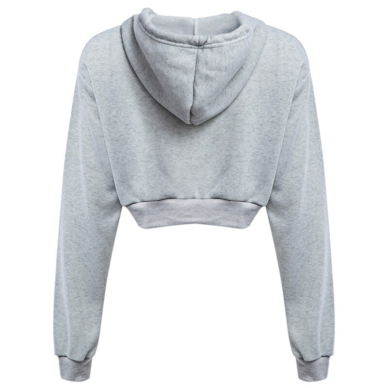 Women Hoodies Solid Crop Hoodie Long Sleeve Jumper Hooded Pullover