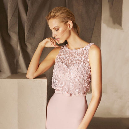 Pink Satin Evening Dresses Simple With Lace Appliques O-Neck Floor Length