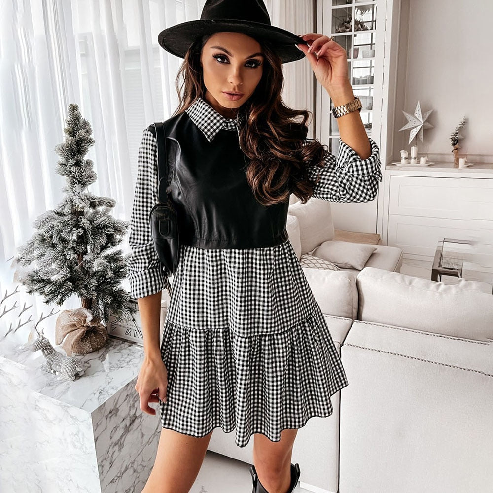 Casual Long Sleeve Mini Shirt Dress For Women White Spring PU Leather