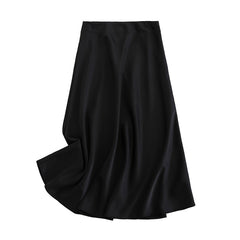 women solid quality satin midi skirt vintage side zipper