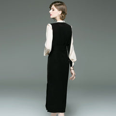 classic contrast color slim dress round neck long sleeve OL commuter long dresses