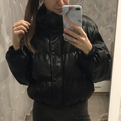 Winter Thick Warm Short Parkas Women Fashion Black PU Leather Coats