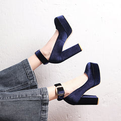 Fashion Velvet High Heels Shoes Female Straps Black Blue Womens