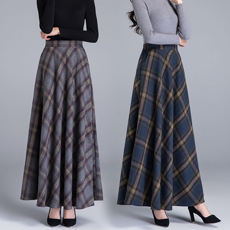 Mom High Waist Woolen plaid Skirts Autumn Winter Women Plus Size