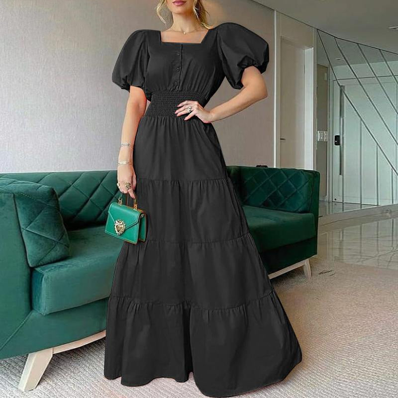 Puff Shoulder Sexy Party Dress Spring Solid Button Long Shirt Dress Women