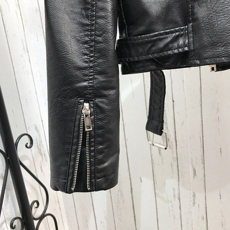 Spring  Women Faux Leather Jacket Turn-Down Collar Letter