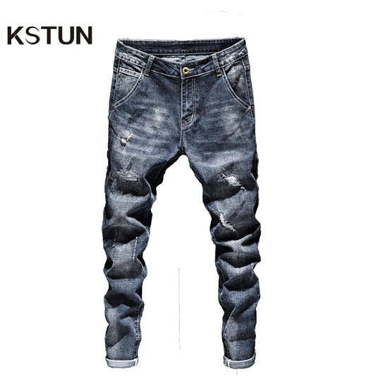 Biker Jeans Men Dark Blue Stretch Slim Fit Ripped Distressed Streetwear Denim