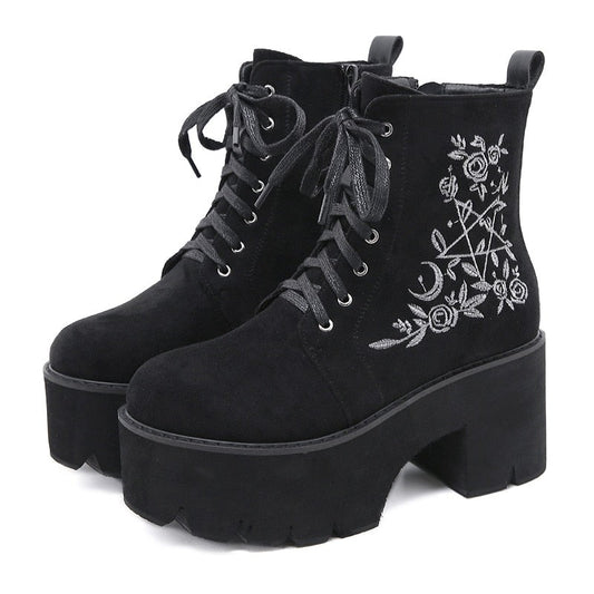 Fashion Flower Platform Boots Chunky Punk Suede Leather Womens
