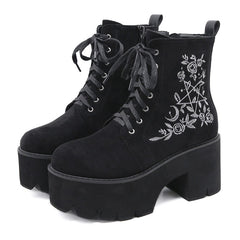 Fashion Flower Platform Boots Chunky Punk Leather Womens