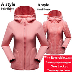 Unisex Reversible Hoodie Women Pullover Sweatshirts Winter Warm Polar/Coral