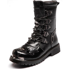 Men's Leather Motorcycle Boots Mid-calf Military Combat Boots Gothic