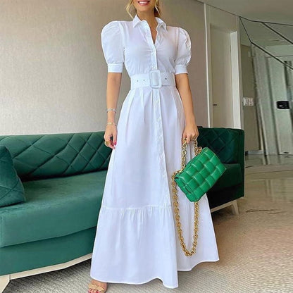 Puff Shoulder Sexy Party Dress Spring Solid Button Long Shirt Dress Women