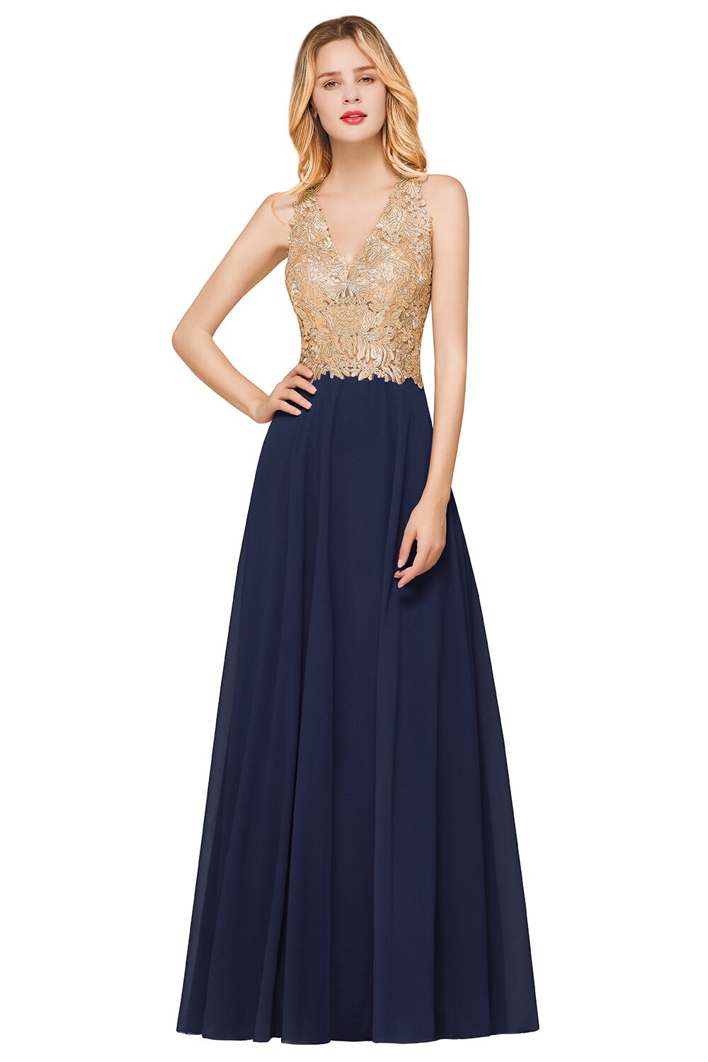 Homecoming Dresses: Long Prom Dresses V Neck Sleeveless Gown Gold Lace Applique