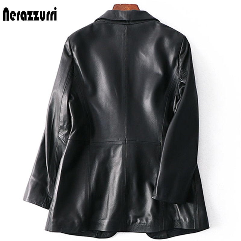 Spring Autumn Black Leather Blazer Women Single Button Slim Fit