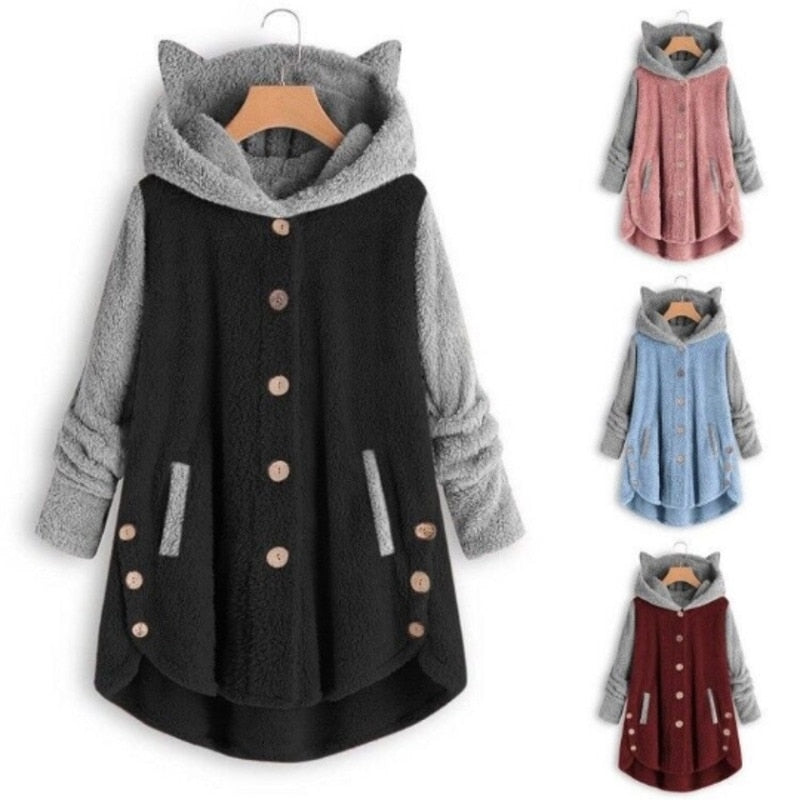 Fashion Cute Cat Women Hoodies Sweatshirts Winter Warm Hooded Tops Loose Coats
