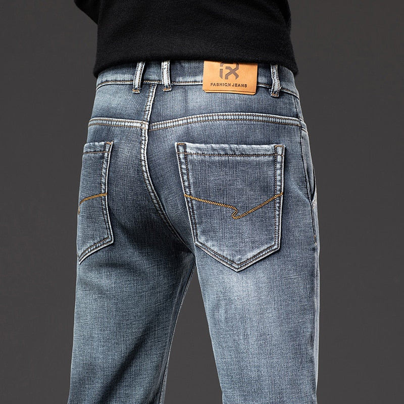 Men Fleece Warm Jeans Classic Style Business Casual Regular Fit Thicken Stretch