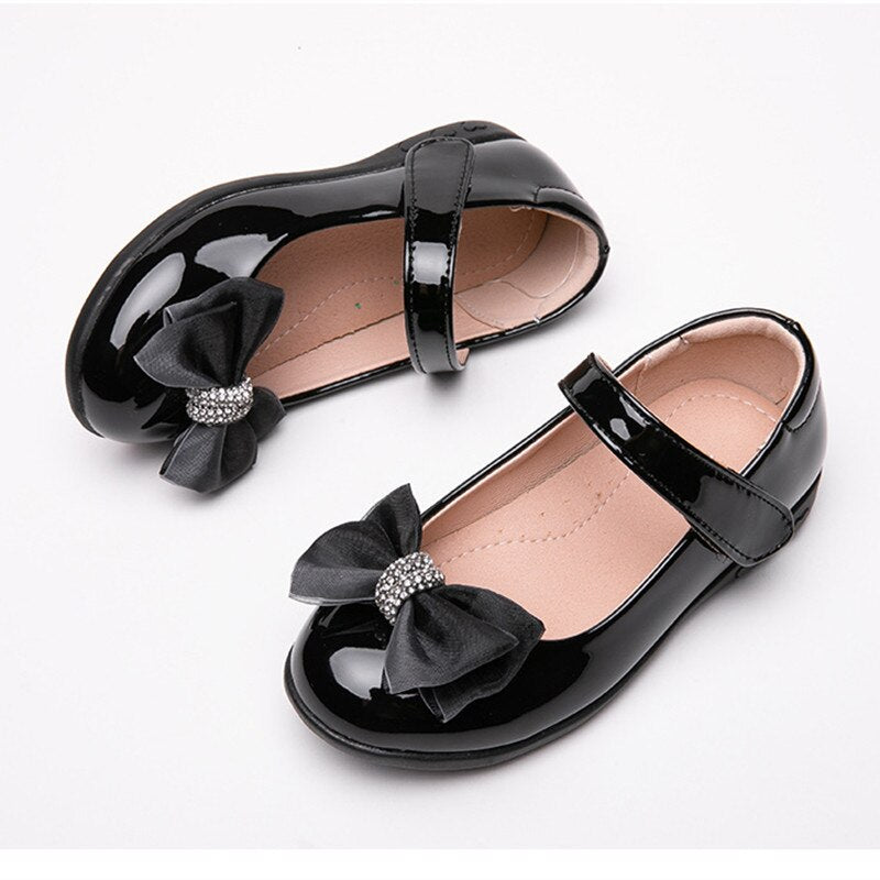 School Black Leather Shoes Girls Bow Princess Shoes Children