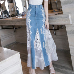Fashion Long Maxi Denim And Lace Fishtail Skirt For Women S-2XL Mermaid Style