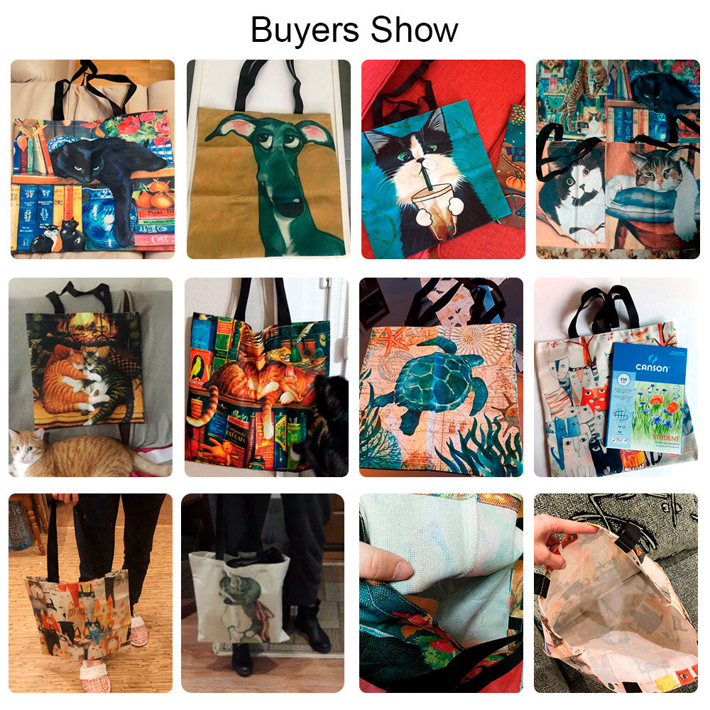 Customize Oil Painting Cat Print Womens Designer Tote Bags Linen
