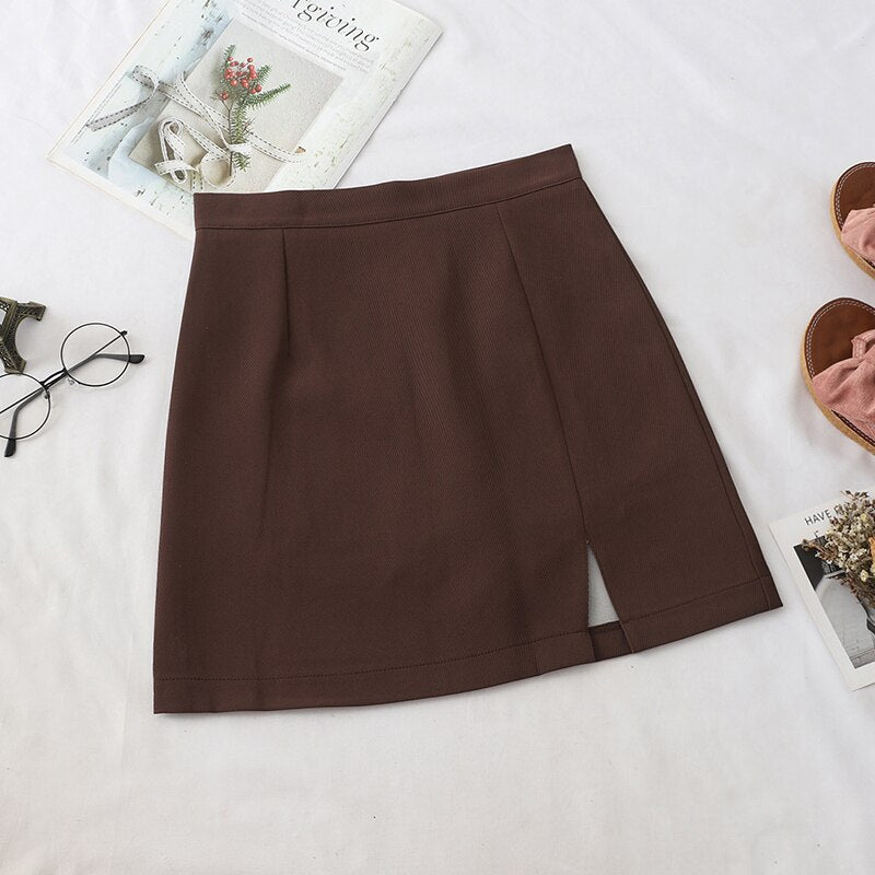 Spring Women Skirts Preppy Style A-line High-waist Split Mini Skirts