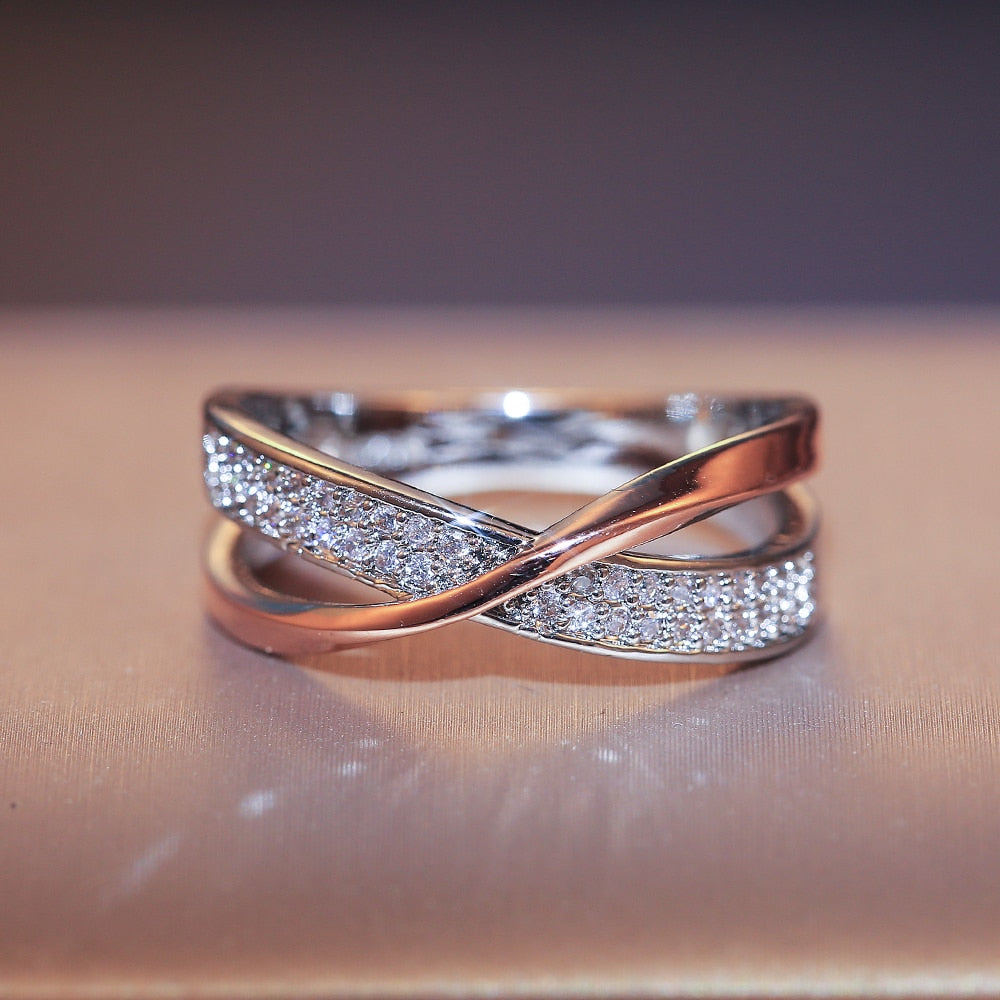 Huitan Fresh Two Tone X Shape Cross Ring for Women Wedding