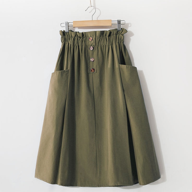 Women Summer Skirt Spring Korean Style Casual Solid High Waist  A-Line Midi Skirts