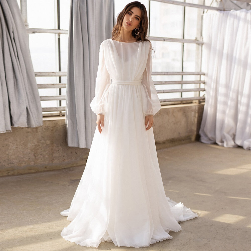 White Bridesmaid Dresses: Bridal Gowns Puff Sleeves O Neck Simple Chiffon Bride Dresses