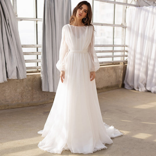 White Bridesmaid Dresses: Bridal Gowns Puff Sleeves O Neck Simple Chiffon Bride Dresses