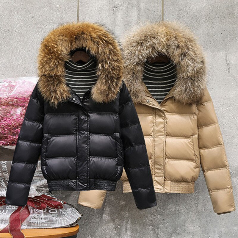 Winter Real Raccoon Fur Feather Jacket Women Hooded Slim White Down