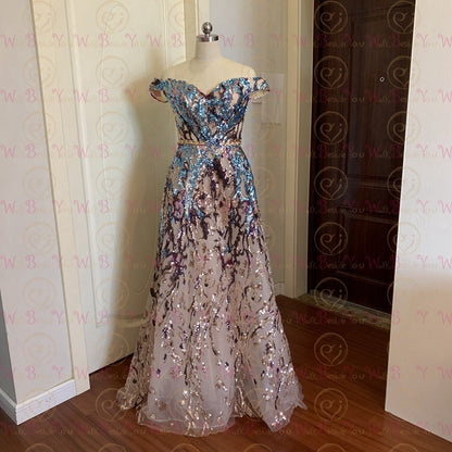Sexy Prom Dress Colorful Sequin Off Shoulder Sweetheart Long Party