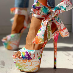Shoes Print Super Thin High Heels Shoes Sandals Women Summer Party